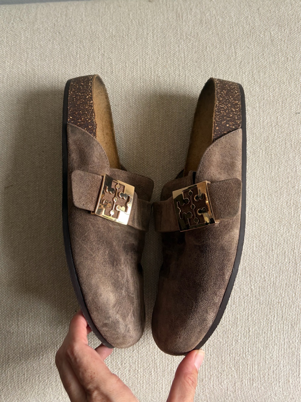 TORY BURCH Mellow Brown Gold Suede Mule Size 7 - Picture 4 of 8
